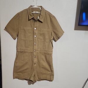 Madewell Women Short-Sleeve Button-Front Romper in Khaki Brown Size XL